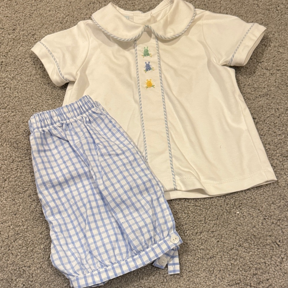 Classic Cream & Light Blue Kids Matching Set - Collared Top & Check Shorts